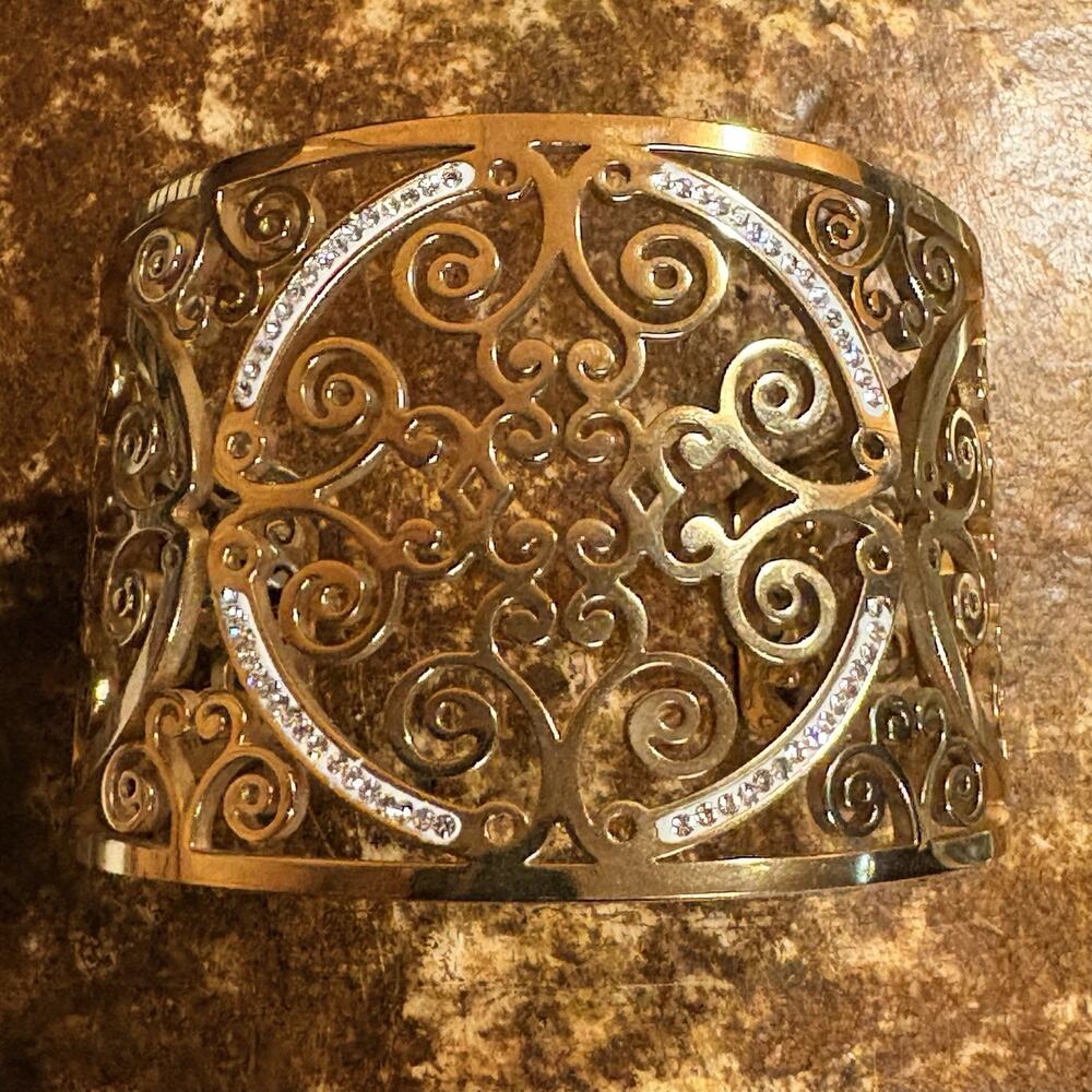 Stainless Steel Gold and Crystal Milor Cuff Bracelet Filigree Cutouts